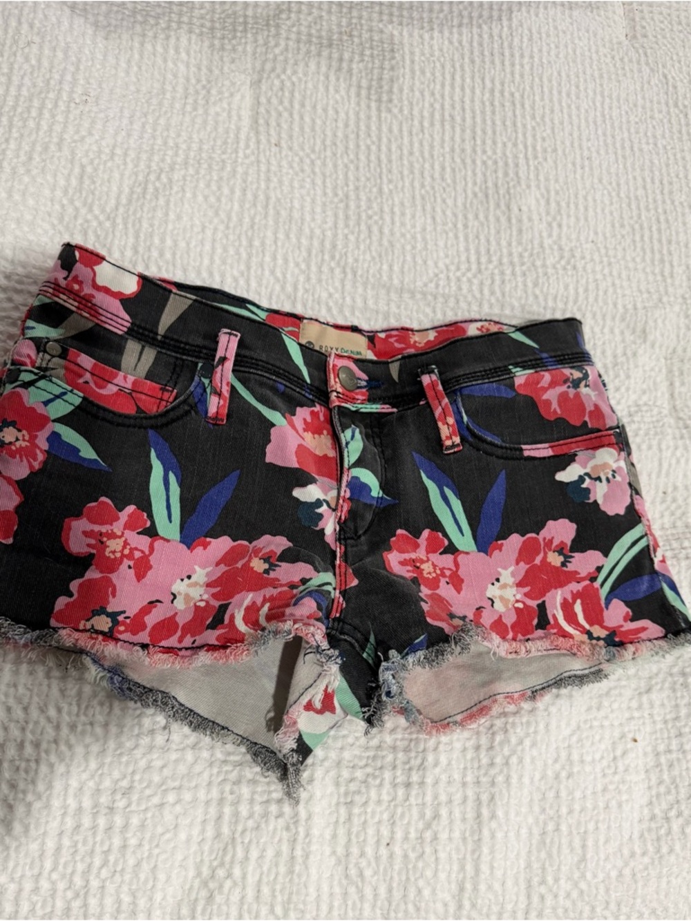Roxy Floral Print Black Women's Denim Short Shorts - Pink & Green